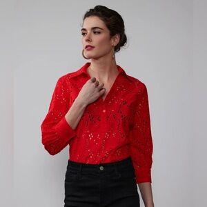 New York & Company Balloon Sleeve Eyelet Popover Top Red M